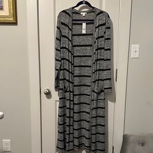 New York & Company Gray and Black Striped Open-Front Maxi Cardigan